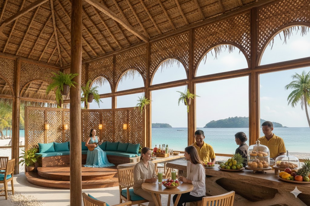 Onge Cafe — bamboo arches, bar counter, guests enjoying the space